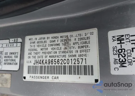 2002 Acura 3.5Rl 3.5 из США, поврежденный, VIN JH4KA96562C012571